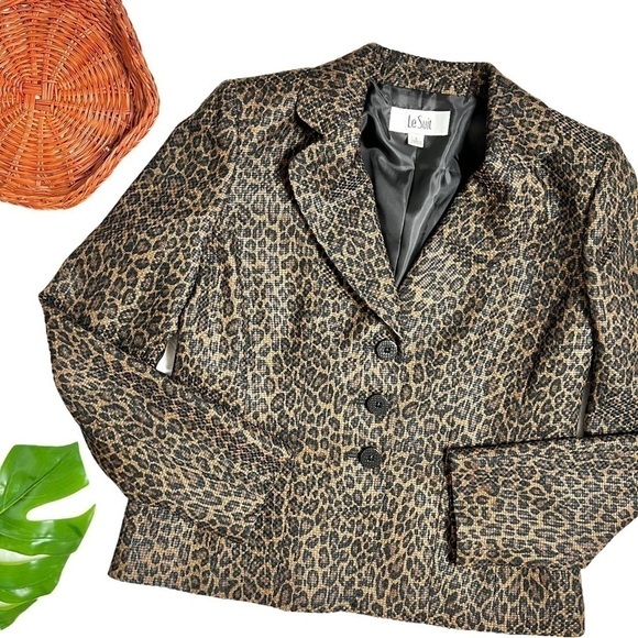 Vintage 80s Le Suit Cheetah Leopard Print Button Up Long Sleeve Blazer Jacket - Picture 2 of 15